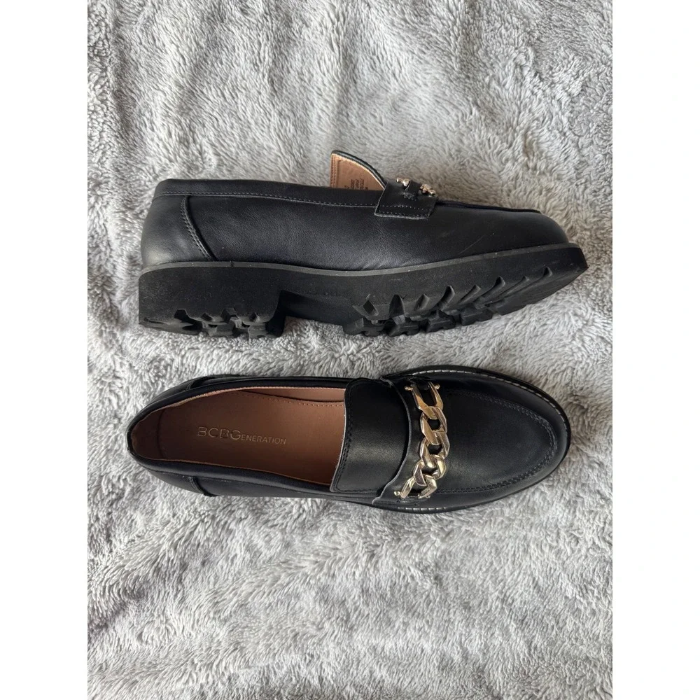BCBGeneration Tinaa Black Lug Sole Loafers Chain Platform Chunky 9